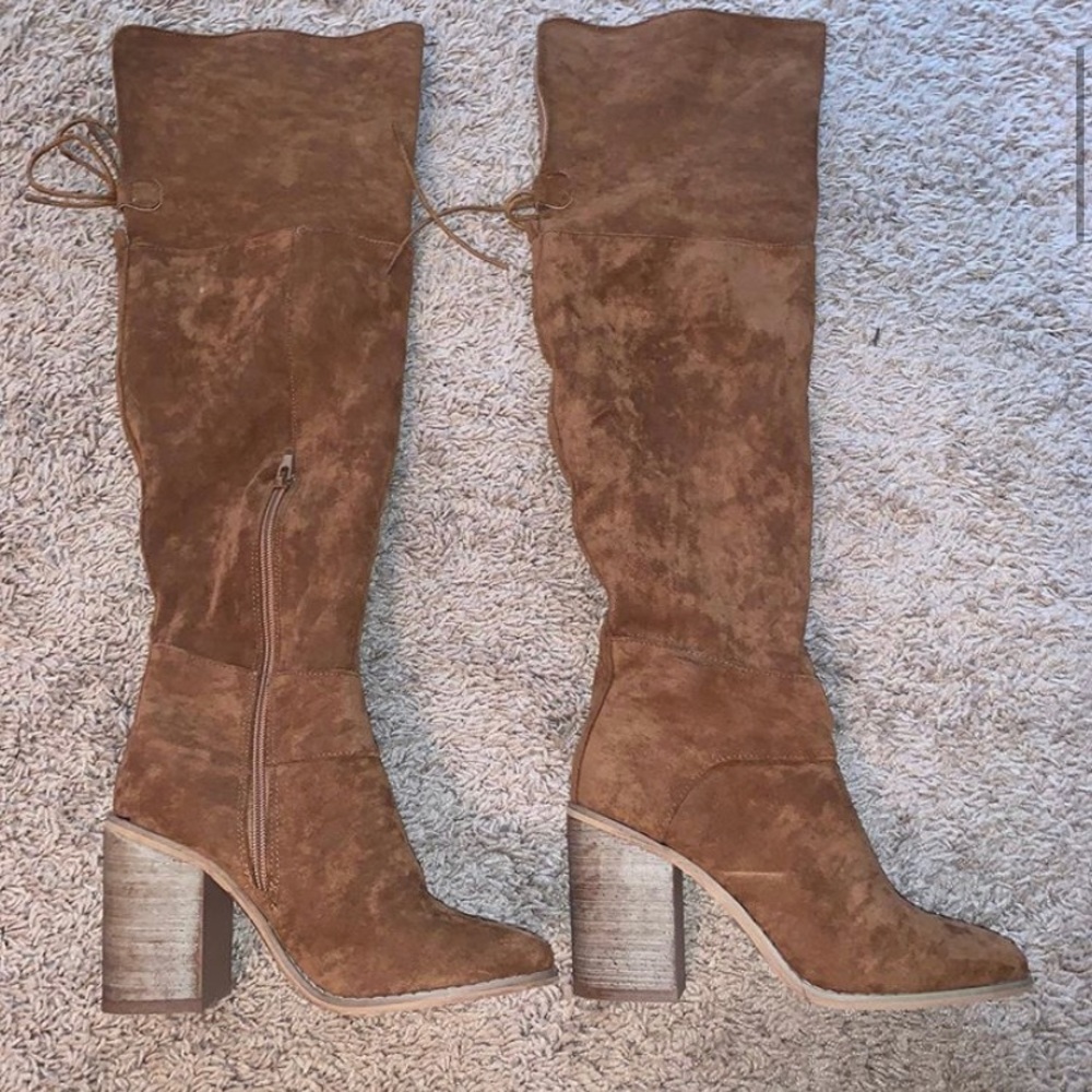 Camel suede knee high boots